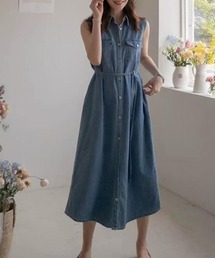 デニムシャツカラーノースリーブ フロントボタンベルト付きミディワンピース