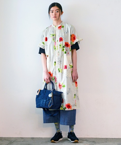 スーパーハッカ（SUPER HAKKA）/コットンローンルシオール加工ブラーフラワープリント半袖ワンピース(前開き) セール】コットンローンルシオール加工ブラーフラワープリント半袖