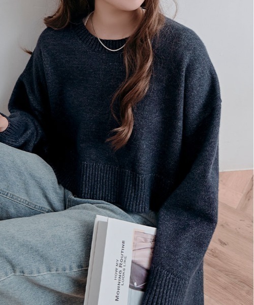 kirakiraShop（キラキラショップ）の「ワイド スリーブ ショート ニット（ニット/セーター・レディース・チャコール/ベージュ/ネイビー/ピンク/ブルー・FREE）」の3枚目の写真