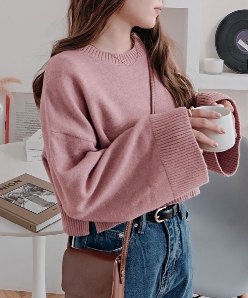 kirakiraShop（キラキラショップ）の「ワイド スリーブ ショート ニット（ニット/セーター・レディース・チャコール/ベージュ/ネイビー/ピンク/ブルー・FREE）」の5枚目の写真