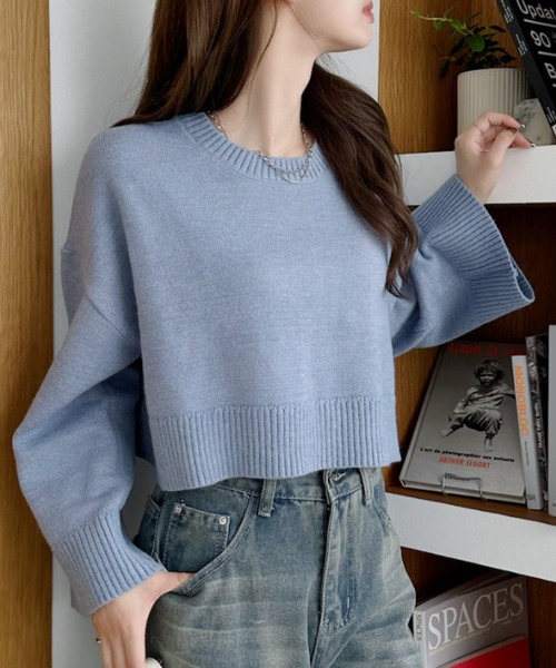 kirakiraShop（キラキラショップ）の「ワイド スリーブ ショート ニット（ニット/セーター・レディース・チャコール/ベージュ/ネイビー/ピンク/ブルー・FREE）」の4枚目の写真