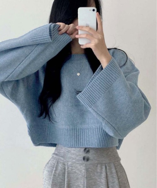 kirakiraShop（キラキラショップ）の「ワイド スリーブ ショート ニット（ニット/セーター・レディース・チャコール/ベージュ/ネイビー/ピンク/ブルー・FREE）」の11枚目の写真