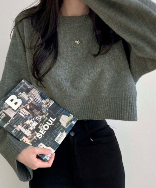 kirakiraShop（キラキラショップ）の「ワイド スリーブ ショート ニット（ニット/セーター・レディース・チャコール/ベージュ/ネイビー/ピンク/ブルー・FREE）」の7枚目の写真
