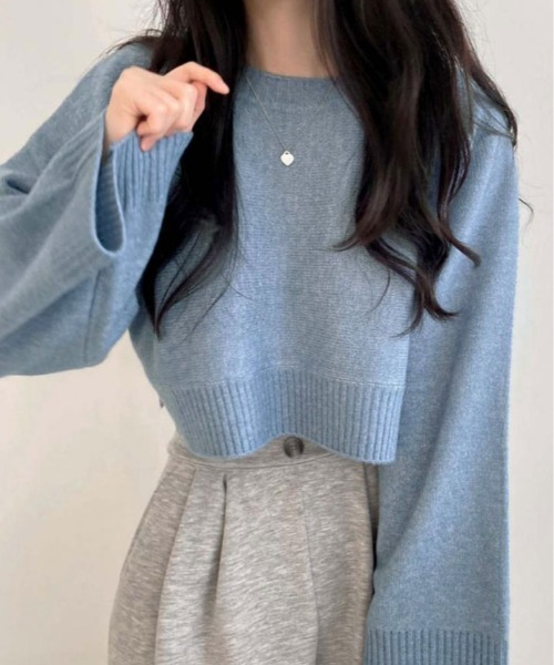 kirakiraShop（キラキラショップ）の「ワイド スリーブ ショート ニット（ニット/セーター・レディース・チャコール/ベージュ/ネイビー/ピンク/ブルー・FREE）」の12枚目の写真