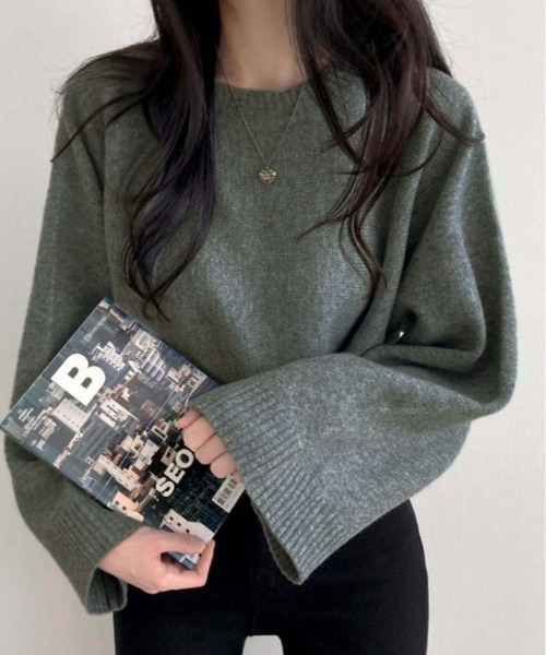 kirakiraShop（キラキラショップ）の「ワイド スリーブ ショート ニット（ニット/セーター・レディース・チャコール/ベージュ/ネイビー/ピンク/ブルー・FREE）」の18枚目の写真