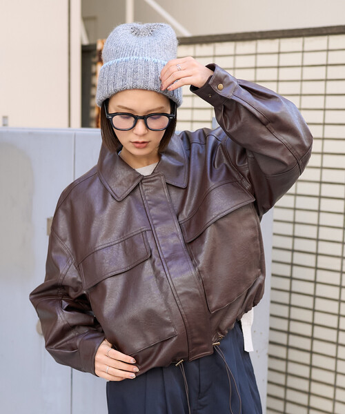 セール】レザレット ショートブルゾン/フェイクレザーブルゾン