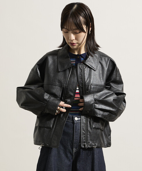 レザレット ショートブルゾン/フェイクレザーブルゾン（ライダース