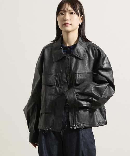 レザレット ショートブルゾン/フェイクレザーブルゾン（ライダース