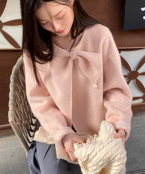 Jasmine Grandiflorum(ジャスミングランディフローラム)の「【Jasmine】リボンノーカラーリバーウールコート ショート丈 (AW)(ノーカラーコート・レディース・アイボリー/ブルー/ピンク・FREE)」の11枚目の写真