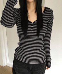【MEMECLE/メメクル】VネックレトロストライプフィットTシャツ