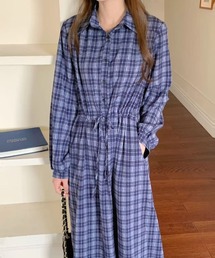えり付きヘンリーボタンオンブレチェック柄ワンピース