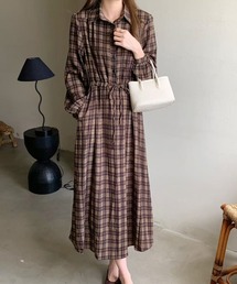 えり付きヘンリーボタンオンブレチェック柄ワンピース