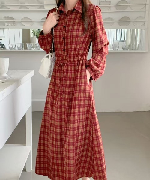 セール】えり付きヘンリーボタンオンブレチェック柄ワンピース