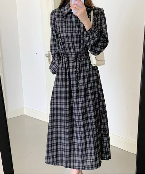 セール】えり付きヘンリーボタンオンブレチェック柄ワンピース