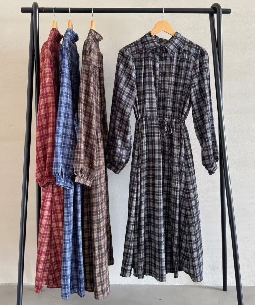 セール】えり付きヘンリーボタンオンブレチェック柄ワンピース