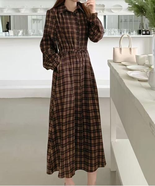 セール】えり付きヘンリーボタンオンブレチェック柄ワンピース