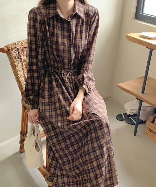 セール】えり付きヘンリーボタンオンブレチェック柄ワンピース