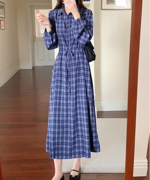 セール】えり付きヘンリーボタンオンブレチェック柄ワンピース