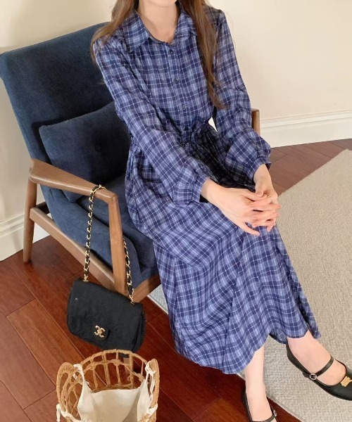 セール】えり付きヘンリーボタンオンブレチェック柄ワンピース