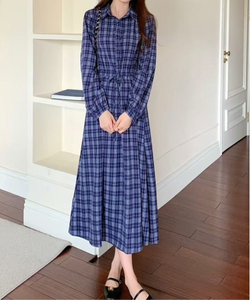 セール】えり付きヘンリーボタンオンブレチェック柄ワンピース