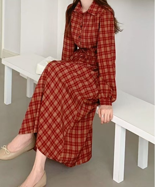 セール】えり付きヘンリーボタンオンブレチェック柄ワンピース