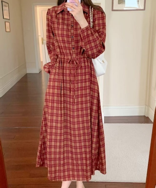 セール】えり付きヘンリーボタンオンブレチェック柄ワンピース