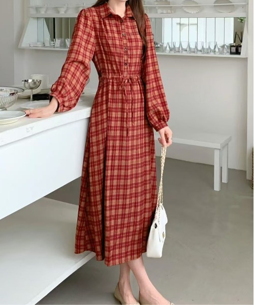 セール】えり付きヘンリーボタンオンブレチェック柄ワンピース