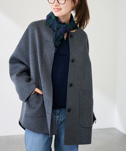 FRAMeWORK（フレームワーク）の「MY LAB ウールチェック三角スカーフ（バンダナ/スカーフ・レディース・ネイビー/ブラウン・FREE）」の3枚目の写真