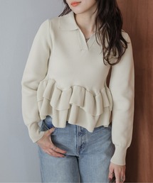 ダブルペプラムスキッパーニットトップス