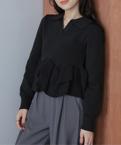 AMELY(エミリー)の「ダブルペプラムスキッパーニットトップス(ニット/セーター・レディース・ブラック/モカ/ベージュ・フリー)」の2枚目の写真