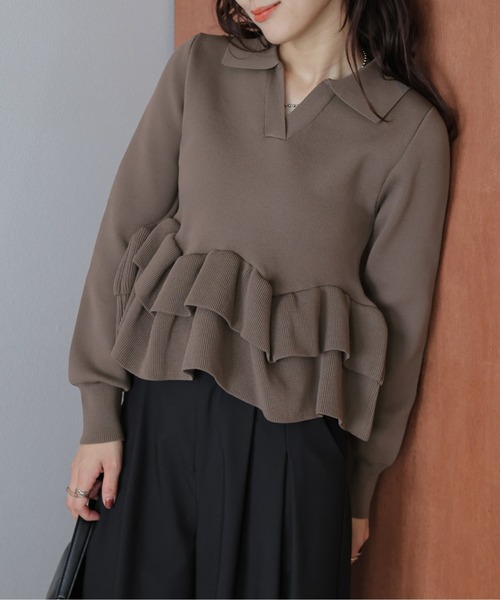 AMELY(エミリー)の「ダブルペプラムスキッパーニットトップス(ニット/セーター・レディース・ブラック/モカ/ベージュ・フリー)」の3枚目の写真