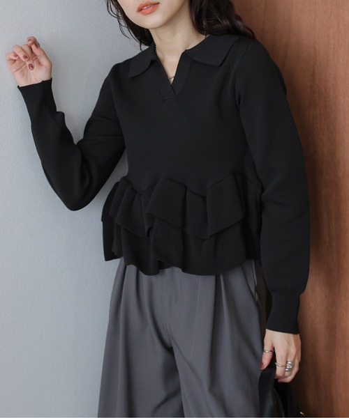 AMELY(エミリー)の「ダブルペプラムスキッパーニットトップス(ニット/セーター・レディース・ブラック/モカ/ベージュ・フリー)」の7枚目の写真