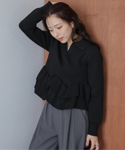 AMELY(エミリー)の「ダブルペプラムスキッパーニットトップス(ニット/セーター・レディース・ブラック/モカ/ベージュ・フリー)」の8枚目の写真