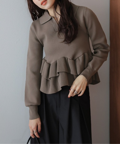 AMELY(エミリー)の「ダブルペプラムスキッパーニットトップス(ニット/セーター・レディース・ブラック/モカ/ベージュ・フリー)」の13枚目の写真