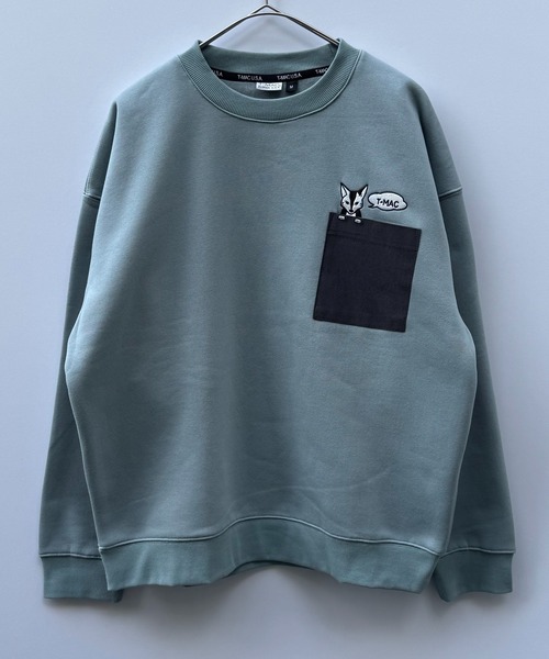 T-MAC キツネのぞき刺繍 オーバーサイズ 裏起毛スウェット クルー