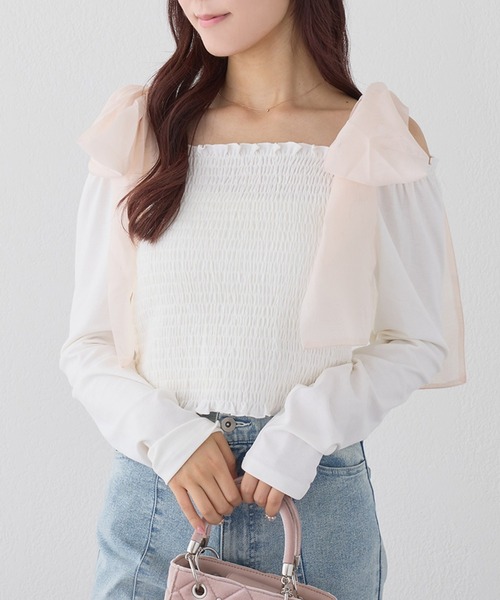 one after another NICE CLAUP（ワンアフターアナザーナイスクラップ）の「肩リボンシャーリングインナー（Tシャツ/カットソー・レディース・ブラック/杢グレー/ホワイト/ホワイト×ピンク・FREE）」の3枚目の写真