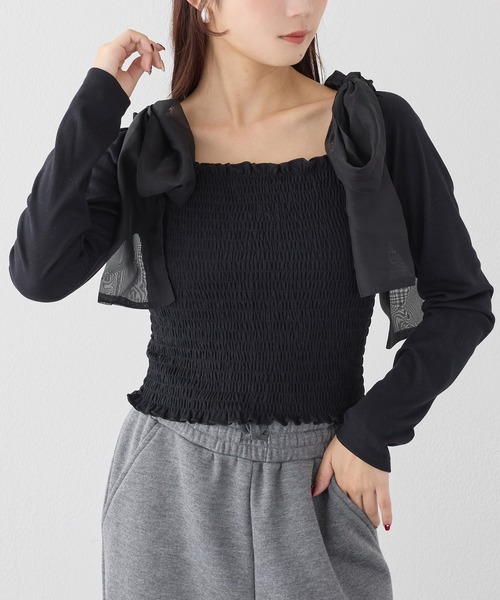 one after another NICE CLAUP（ワンアフターアナザーナイスクラップ）の「肩リボンシャーリングインナー（Tシャツ/カットソー・レディース・ブラック/杢グレー/ホワイト/ホワイト×ピンク・FREE）」の4枚目の写真