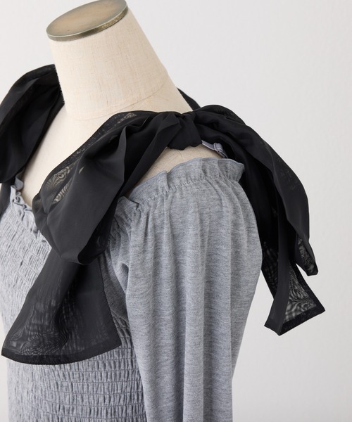 one after another NICE CLAUP（ワンアフターアナザーナイスクラップ）の「肩リボンシャーリングインナー（Tシャツ/カットソー・レディース・ブラック/杢グレー/ホワイト/ホワイト×ピンク・FREE）」の7枚目の写真