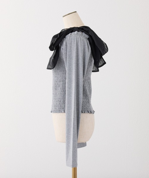 one after another NICE CLAUP（ワンアフターアナザーナイスクラップ）の「肩リボンシャーリングインナー（Tシャツ/カットソー・レディース・ブラック/杢グレー/ホワイト/ホワイト×ピンク・FREE）」の10枚目の写真