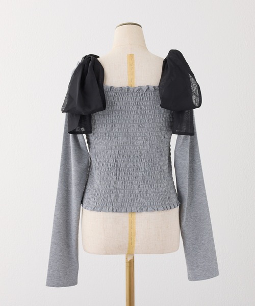 one after another NICE CLAUP（ワンアフターアナザーナイスクラップ）の「肩リボンシャーリングインナー（Tシャツ/カットソー・レディース・ブラック/杢グレー/ホワイト/ホワイト×ピンク・FREE）」の11枚目の写真