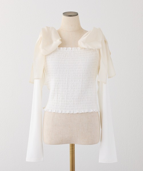 one after another NICE CLAUP（ワンアフターアナザーナイスクラップ）の「肩リボンシャーリングインナー（Tシャツ/カットソー・レディース・ブラック/杢グレー/ホワイト/ホワイト×ピンク・FREE）」の19枚目の写真