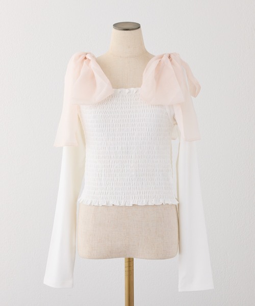 one after another NICE CLAUP（ワンアフターアナザーナイスクラップ）の「肩リボンシャーリングインナー（Tシャツ/カットソー・レディース・ブラック/杢グレー/ホワイト/ホワイト×ピンク・FREE）」の20枚目の写真