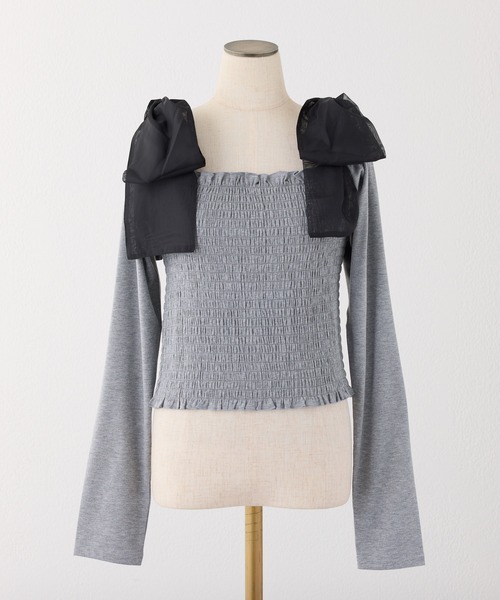 one after another NICE CLAUP（ワンアフターアナザーナイスクラップ）の「肩リボンシャーリングインナー（Tシャツ/カットソー・レディース・ブラック/杢グレー/ホワイト/ホワイト×ピンク・FREE）」の21枚目の写真