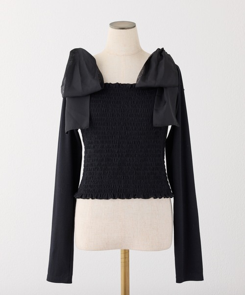 one after another NICE CLAUP（ワンアフターアナザーナイスクラップ）の「肩リボンシャーリングインナー（Tシャツ/カットソー・レディース・ブラック/杢グレー/ホワイト/ホワイト×ピンク・FREE）」の22枚目の写真