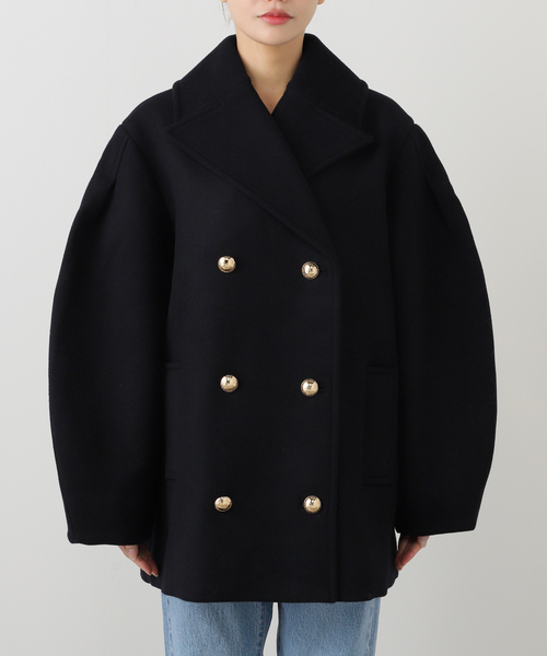 美品GANNIカーブシルエットウールコート32ネイビー Sky Captain Dark Blue Wool Oversized Midi Peacoat | GANNI US