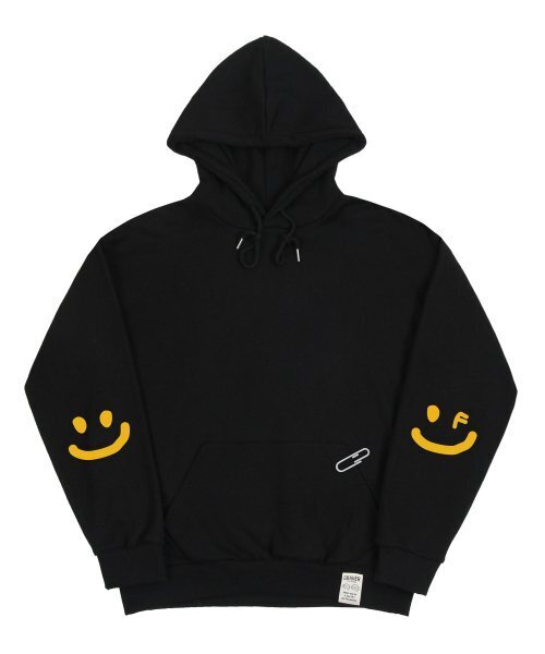 GRAVER（グレーバー）の「[UNISEX]エルボスマイル描画ホワイトクリップフードティー_ブラック（パーカー・レディース・イエロー・SMALL/MEDIUM/LARGE）」の3枚目の写真