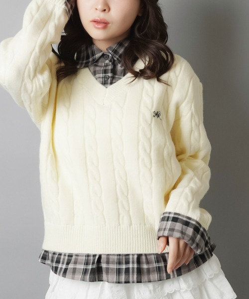 チェックシャツレイヤード風ケーブルニット（ニット/セーター