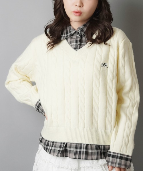 チェックシャツレイヤード風ケーブルニット（ニット/セーター