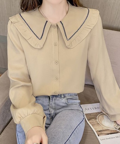 SallyLunn(サリーラン)の「フリルカラー長袖シャツブラウス(シャツ/ブラウス・レディース・ベージュ/ブルー・LARGE/MEDIUM)」の2枚目の写真