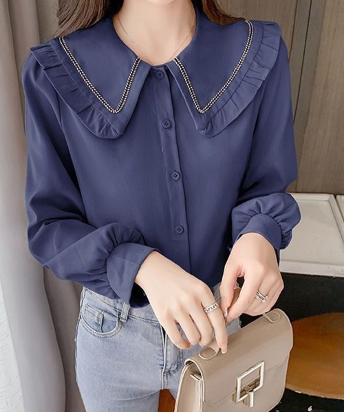 SallyLunn(サリーラン)の「フリルカラー長袖シャツブラウス(シャツ/ブラウス・レディース・ベージュ/ブルー・LARGE/MEDIUM)」の1枚目の写真